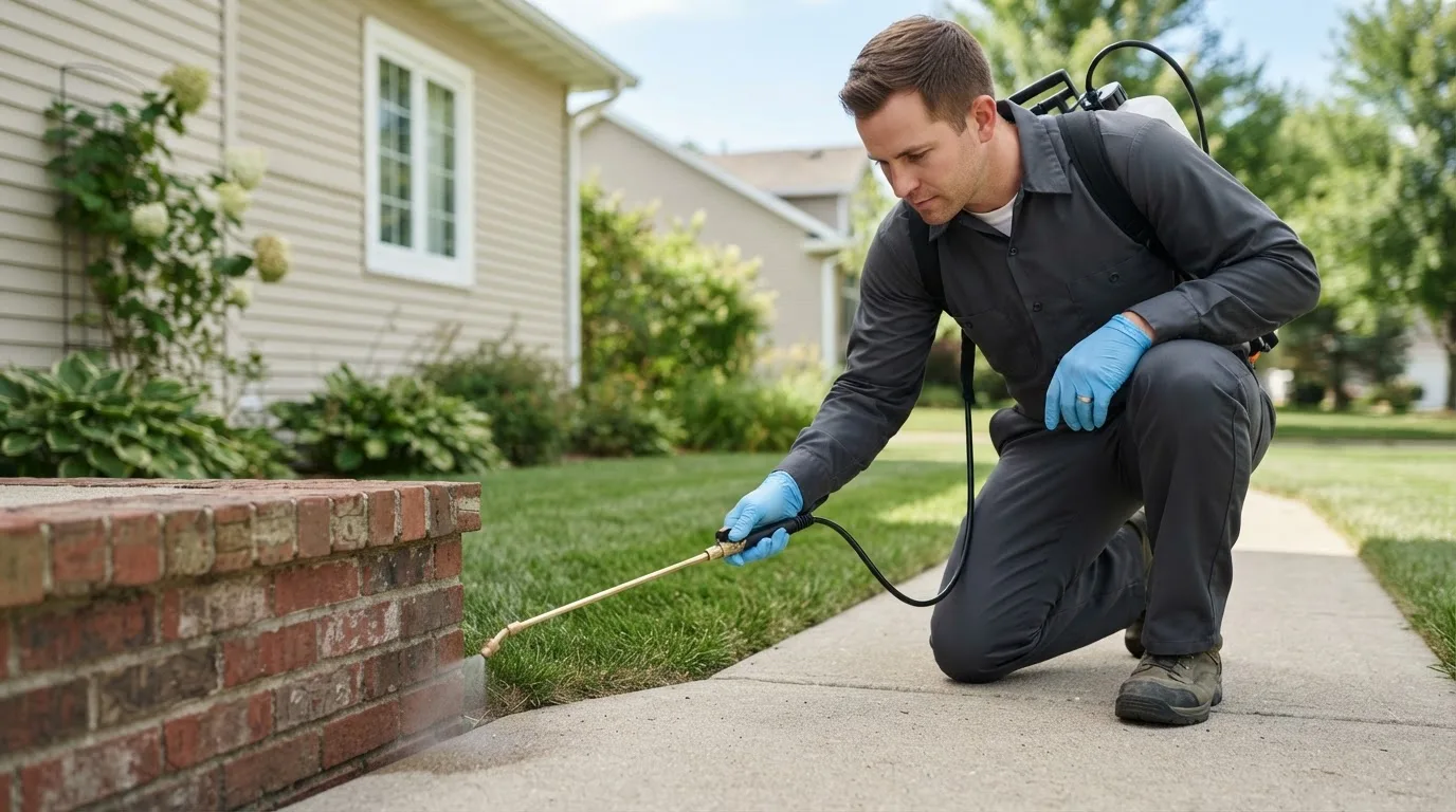 Pest control technician treating a home near California, PA